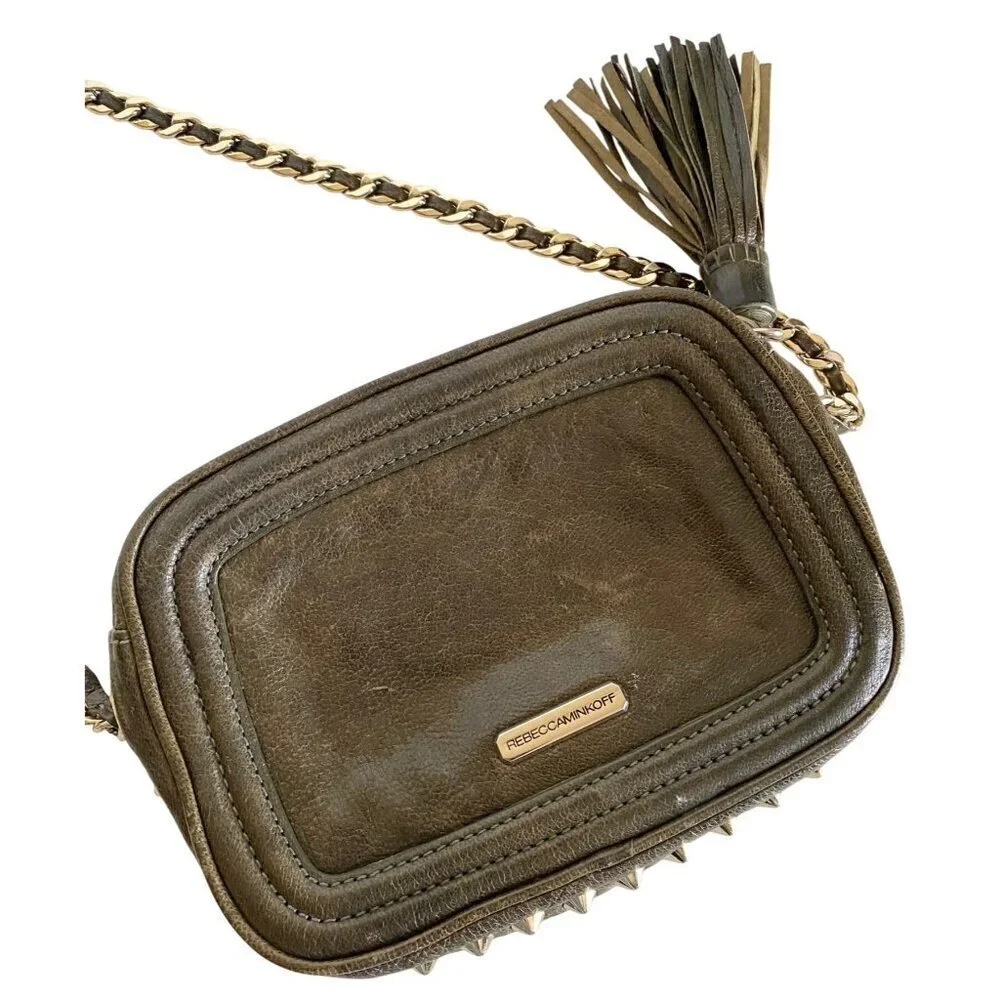 Rebecca Minkoff Leather Studded Crossbody Olive‎ Green Gold Chain + Tassel